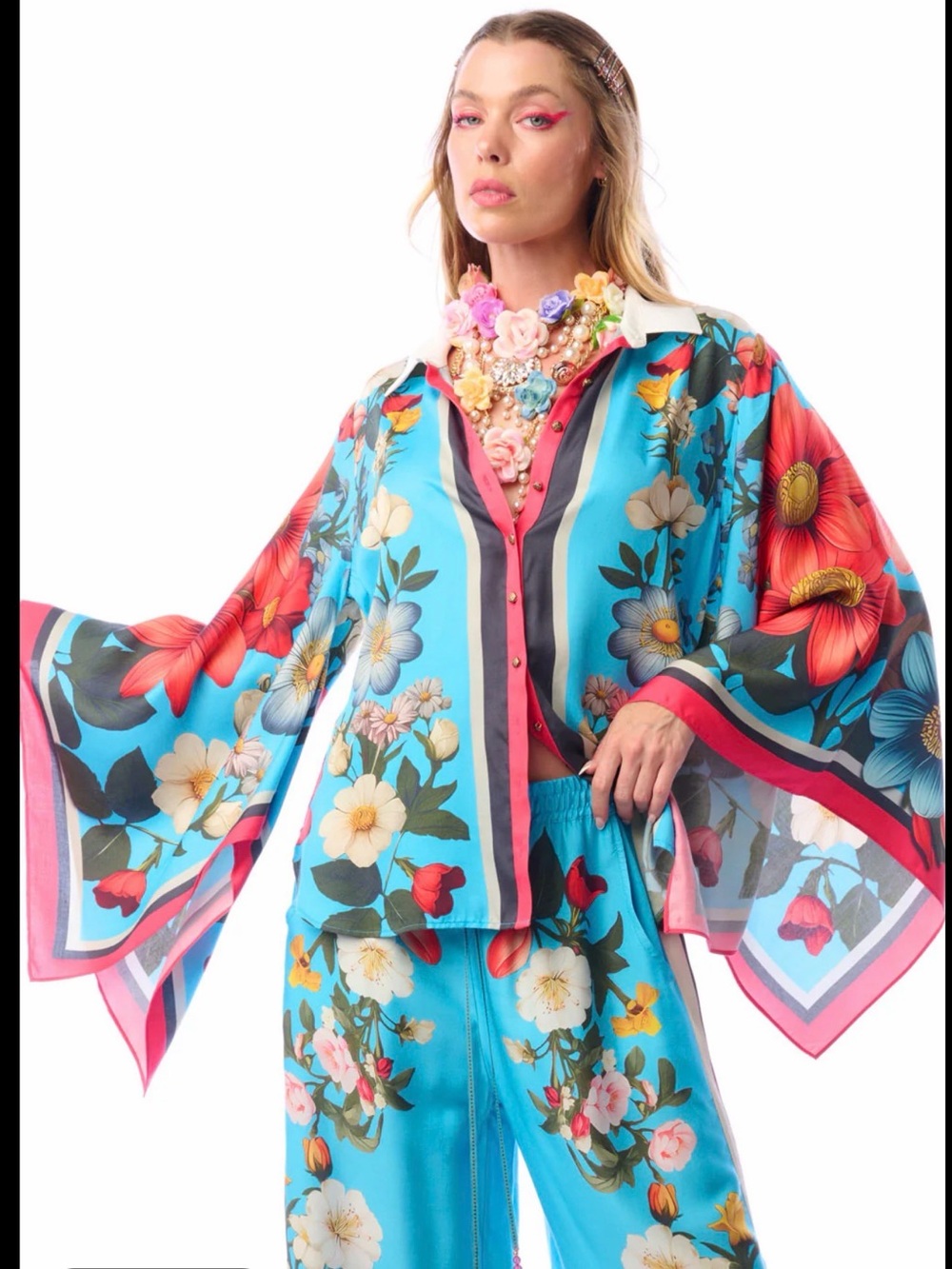 Aratta Turquoise Floral Silk Blouse & Pants Set msrp $190